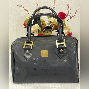 MCM Black Satchel with Gold Accents
